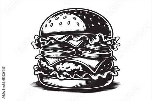 Juicy burger black and white illustration isolated on white background, hand drawn fast food sandwich with beef patty, cheese and lettuce for restaurant, menu, cafe and food branding concepts