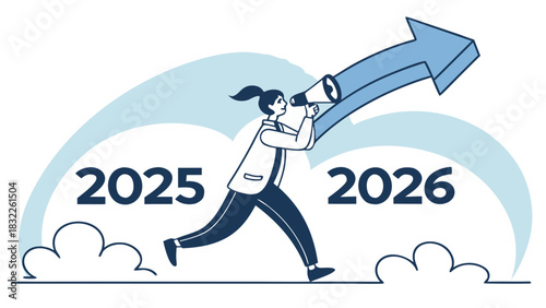 A blue curved arrow vector advancing over the numbers "2025 → 2026", symbolizing progress and evolution, a clean and professional style.