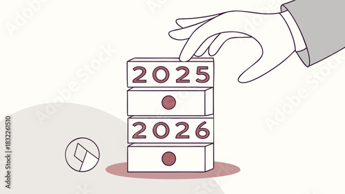 Minimalist vector of wooden blocks changing the number "2025" to "2026", with a hand rotating the last block, white background and soft shadows.