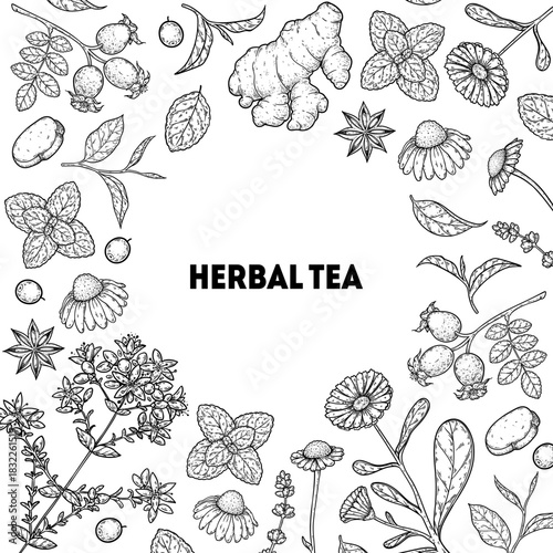 Herbal Tea vector drawing illustration. Herbal tea ingredients. Healthy food and drink . Vector drawing sketch collection. Engraved style.