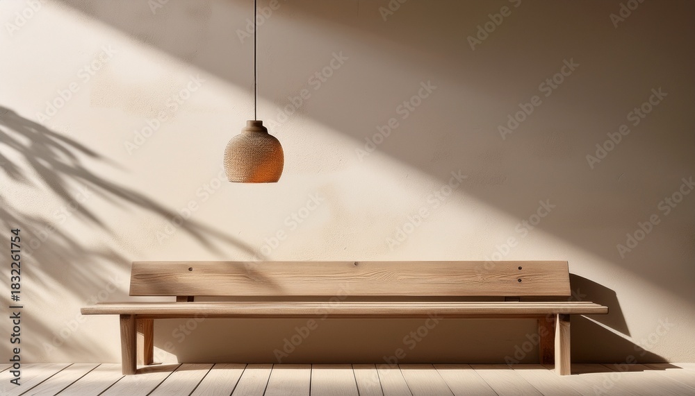 Obraz premium minimal matte plaster wall flat and neutral background with wooden bench and pendant light casting warm shadows