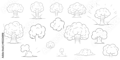 Cartoon doodle sketches of various smoke cloud and explosion effects set. 