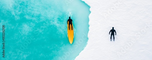 Ice contrast A surfer on aqua water near snow meets a skater on ice, aerial view, contrast ,adventure
