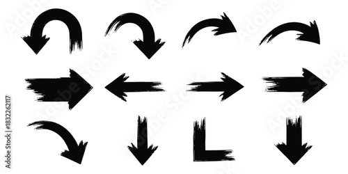 Brushstroke grunge arrow set pointing in various directions on white background