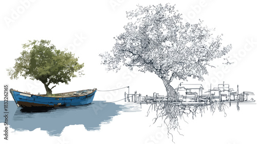 Serenity Boat with Tree Illustration and Real Tree - Nature Scene