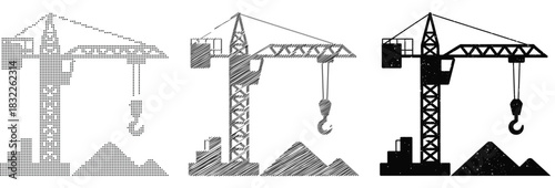Construction crane silhouettes in different styles for industrial projects