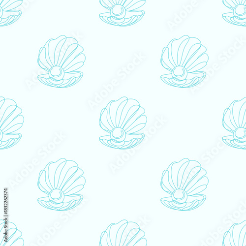 Seamless pattern with line art seashells and pearls. Ideal for textiles, wallpapers, and ocean-themed designs.