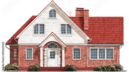 Classic Brick House with Red Roof and White Door Vector Illustration