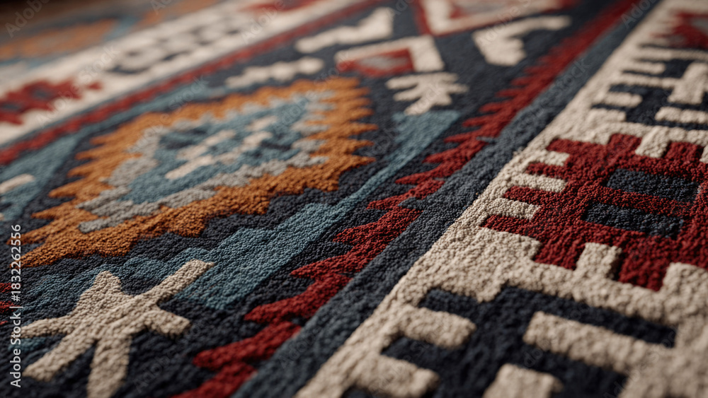 Fototapeta premium Textured close-up: vibrant geometric rug. Features tribal patterns in deep blues, reds, oranges, and cream. Showcases intricate weaving, plush surface.