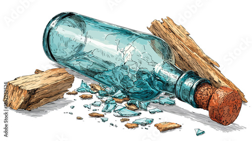 Damaged Broken Bottle with Wooden Piece Vector Illustration