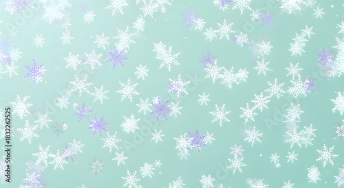 Wallpaper Mural Gentle light blue and mint gradient background with soft focus falling white and purple snowflakes creating serene winter mood Torontodigital.ca