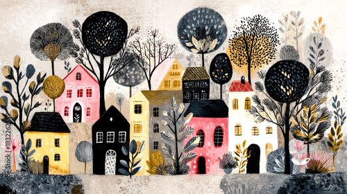 Naive art illustration of a colorful village with stylized trees and houses.