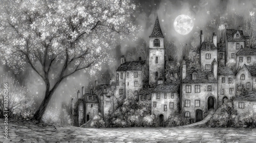 Monochrome illustration depicts a large flowering tree framing a town under a starry sky.