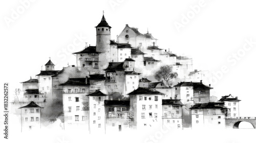 Architectural pencil sketch of a hill town with towers and tiled roofs.