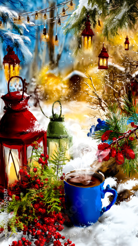 A blue mug of hot steaming cocoa sits in the snow next to red lanterns and berry branches in a winter forest.