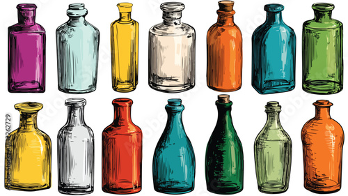 Vibrant Collection of Bottles in Various Colors on White Background