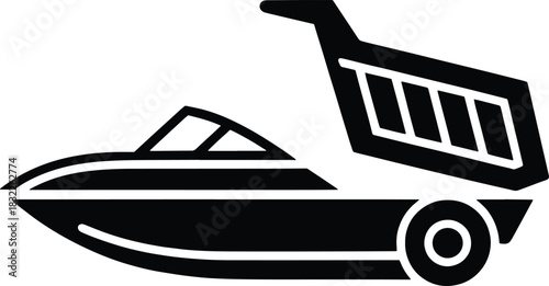 Black vector illustration of a boat on a trailer with a shopping cart vehicle transportation