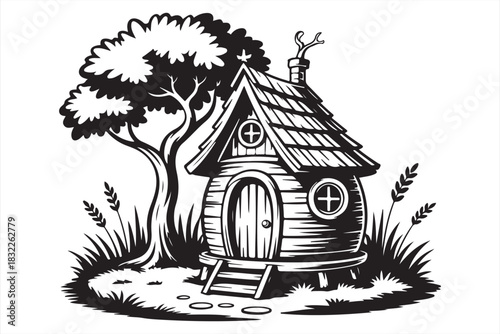 Rustic fantasy cottage house black silhouette vector