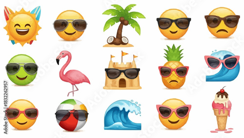 Collection of summer themed emojis including sun, palm tree, flamingo, and ice cream cone wearing sunglasses