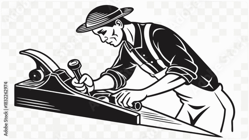 “Black carpenter working at a workbench, vector line art, detailed tools, smooth outlines, bold black shapes, professional craftsman style, transparent PNG.”