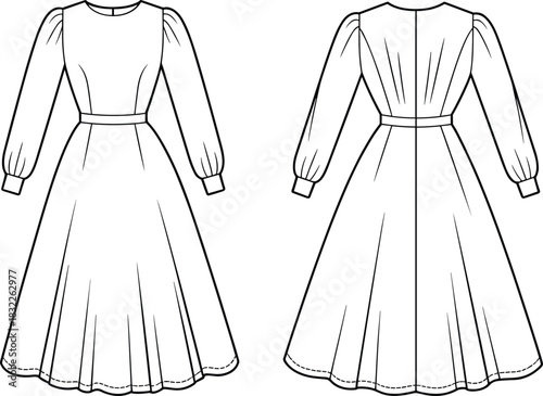 Front and back view fashion illustration of a long sleeve midi dress with full skirt clothing garment