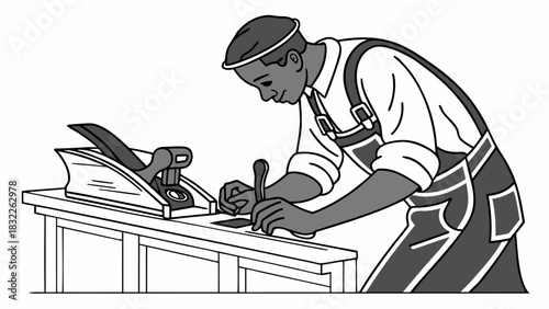 “Black carpenter working at a workbench, vector line art, detailed tools, smooth outlines, bold black shapes, professional craftsman style, transparent PNG.”
