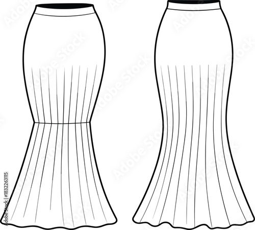 Front and back view flat sketch of a white mermaid maxi skirt with pleats garment apparel