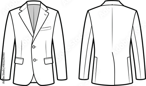 Front and back view flat sketch of a white two-button blazer jacket suit garment