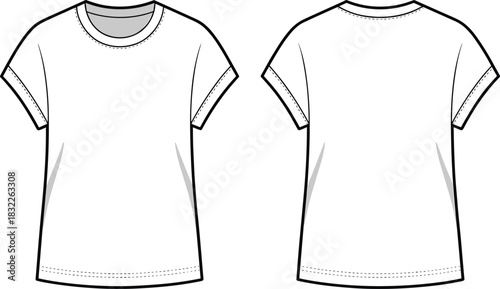 Front and back view of a blank white outline t-shirt with short sleeves and crew neck tee shirt apparel