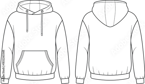 Front and back view of a blank white outline hoodie with drawstring and pocket sweatshirt hooded sweatshirt