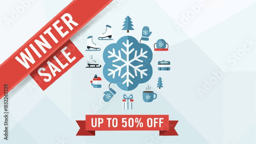 Winter sale promotion featuring snowflake, skates, and seasonal icons with up to fifty percent off