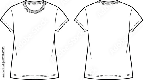 Front and back view of a plain white short-sleeved t-shirt with crew neck and stitched hem clothing apparel