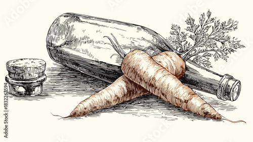 Detailed Vector Drawing of Corn and Carrots in a Bottle with Outline