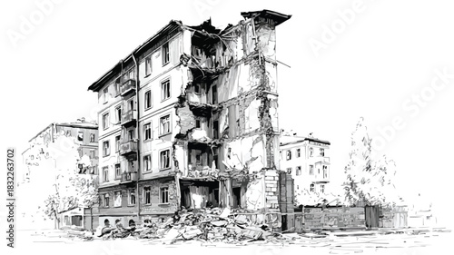 Architectural drawing of building with broken facade in vector outline style