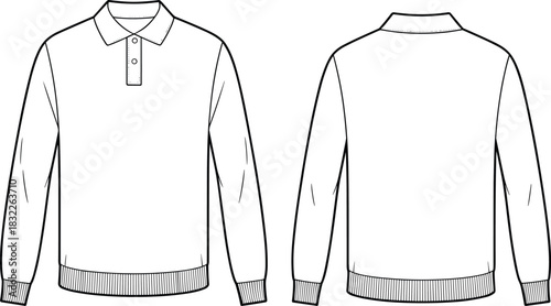 Front and back view of a white long-sleeved polo shirt with a collar and button placket clothing apparel