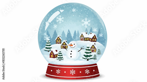 Illustration of a winter snow globe with a snowman, houses, and trees inside on a red snowflake base