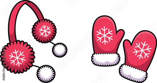 Red cartoon earmuffs and mittens with snowflakes on white background gloves winter accessories