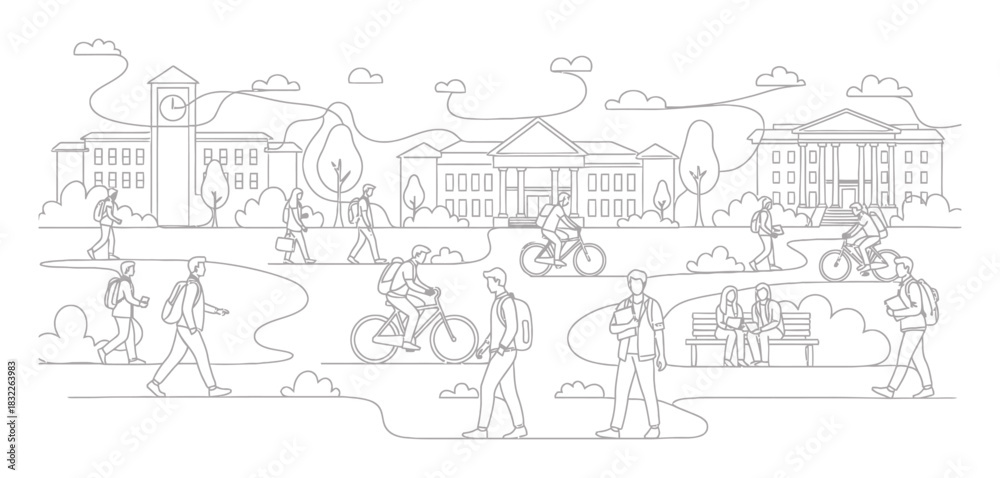 Fototapeta premium Minimalist Continuous Line Art Illustration of University Campus Life