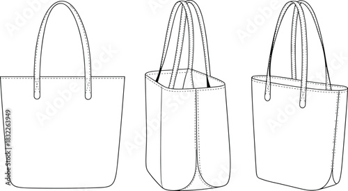 Three views of a white tote bag with handles and stitching details handbag accessory