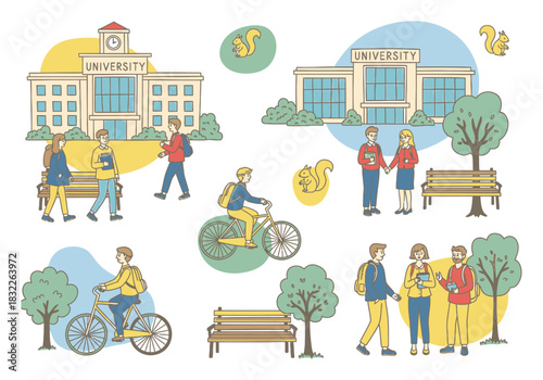 Hand-Drawn University Campus Life Vector Illustration
