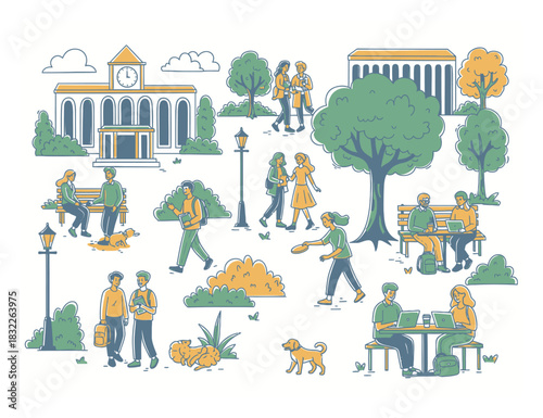 Hand-Drawn University Campus Life Vector Illustration