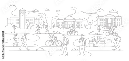 Minimalist Continuous Line Art Illustration of University Campus Life