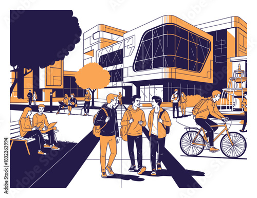 Modern University Campus Life Duotone Vector Illustration