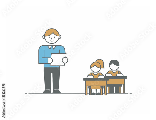 Minimalist Flat Vector Teacher Student Classroom Illustration - Simple Geometric Education Concept