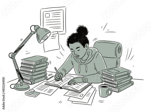 Student Studying Desk Hand-Drawn Vector Illustration