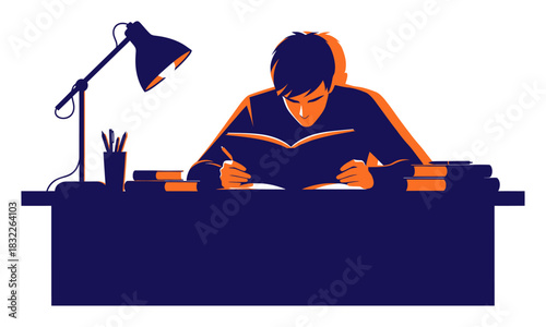 Modern Student Studying Desk Duotone Vector Illustration