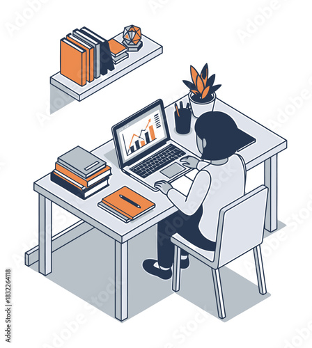 Isometric Vector Illustration: Modern Student Studying Desk, Geometric Precision, 3D Perspective, Clean White Background