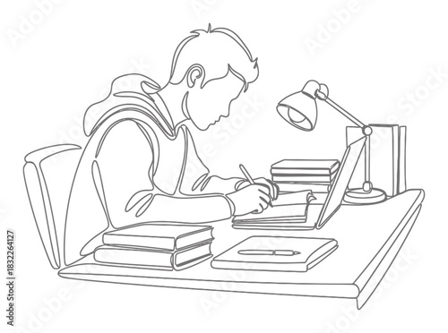 Minimalist Student Studying Desk Single Line Art Illustration on White Background