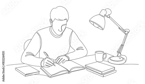 Minimalist Student Studying Desk Single Line Art Illustration on White Background