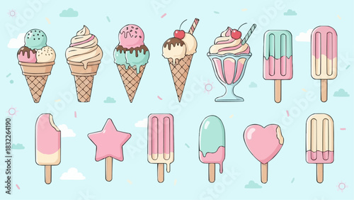 Assorted ice cream cones and popsicles in pastel colors on a light blue background with clouds